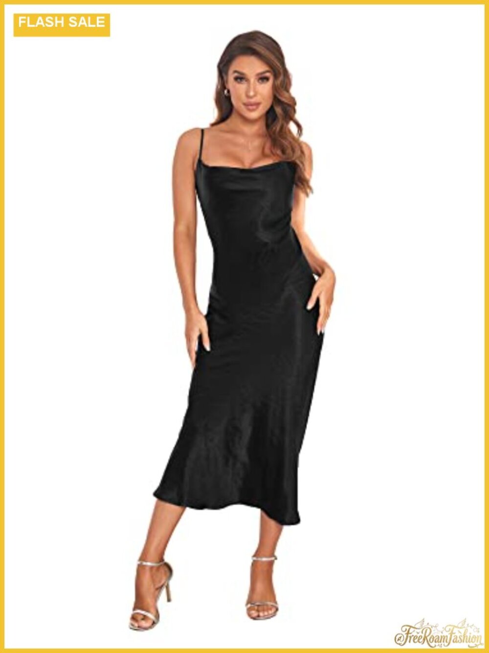 Satin Midi Slip Dress Cowl Neck Spaghetti Strap Backless Cocktail Party